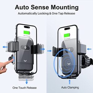 Wireless Car Charger, 15W Qi Auto-Clamping Car Phone Holder Mount Fast Charging, Wireless Car Mount for iPhone 14/13/12, Galaxy with QC 3.0 Car Charger and Type C Cable