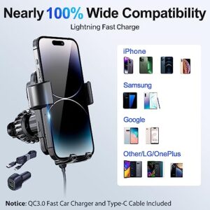 Wireless Car Charger, 15W Qi Auto-Clamping Car Phone Holder Mount Fast Charging, Wireless Car Mount for iPhone 14/13/12, Galaxy with QC 3.0 Car Charger and Type C Cable