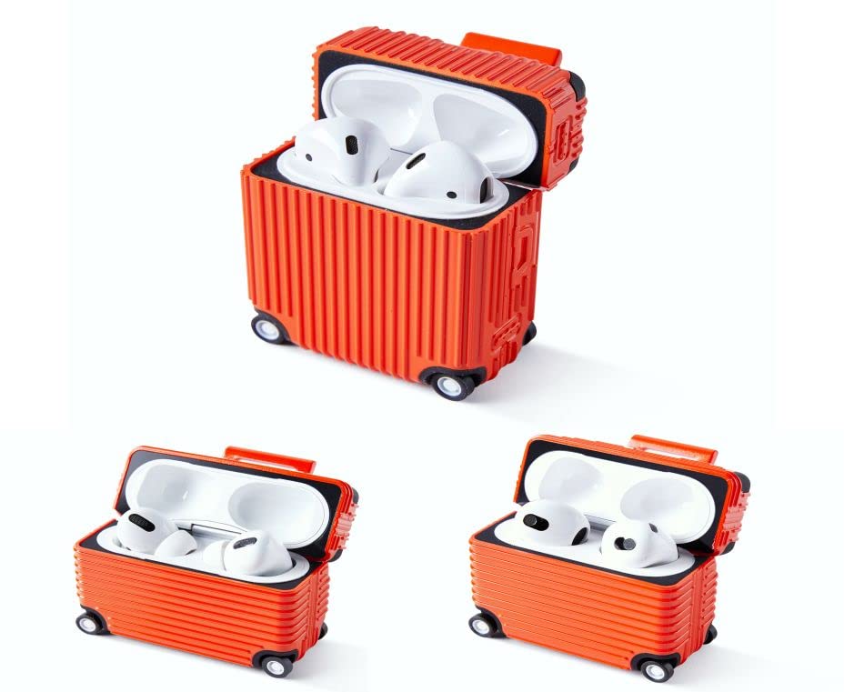 Case for Airpods,Suitcase Trunk Design Airpods Caser Compatible for Apple Airpods 1,2,3&Pro,Travel Enthusiast (AirPods 3,Orange)