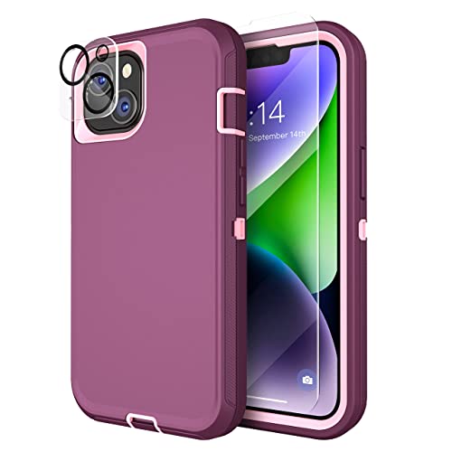 MXX Case for iPhone 13, with Tempered Glass Screen Protector,Camera Lens Protector 3-Layer Full Heavy Duty Body Bumper Cover Shockproof Protection Dustproof, for iPhone 13 6.1" (Plum/Light Pink)