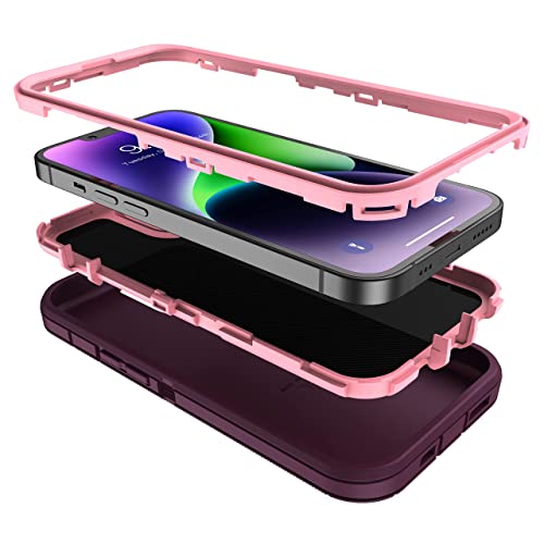 MXX Case for iPhone 13, with Tempered Glass Screen Protector,Camera Lens Protector 3-Layer Full Heavy Duty Body Bumper Cover Shockproof Protection Dustproof, for iPhone 13 6.1" (Plum/Light Pink)