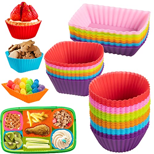 48Pcs Silicone Lunch Box Dividers- 3 Shapes Bento Lunch Box Silicone Divider to Block Food from Sticking- Silicone Baking Cups Bento Box Accessories for Kids School Lunch Home Party Picnic (6 Colors)