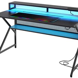 Loomie Computer Desk 55" W with LED Strip and Power Outlets, Gaming Desk with RGB Big Mouse Mat,Ergonomic K Shaped Gamer Desk with Monitor Stand and with Cable Management Mesh Bag,Black