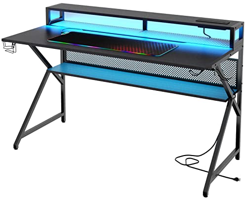 Loomie Computer Desk 55" W with LED Strip and Power Outlets, Gaming Desk with RGB Big Mouse Mat,Ergonomic K Shaped Gamer Desk with Monitor Stand and with Cable Management Mesh Bag,Black