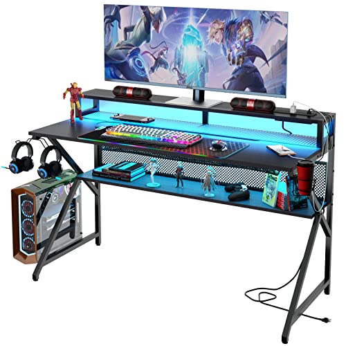 Loomie Computer Desk 55" W with LED Strip and Power Outlets, Gaming Desk with RGB Big Mouse Mat,Ergonomic K Shaped Gamer Desk with Monitor Stand and with Cable Management Mesh Bag,Black