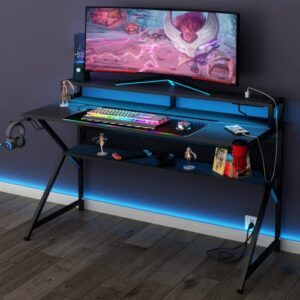 Loomie Computer Desk 55" W with LED Strip and Power Outlets, Gaming Desk with RGB Big Mouse Mat,Ergonomic K Shaped Gamer Desk with Monitor Stand and with Cable Management Mesh Bag,Black