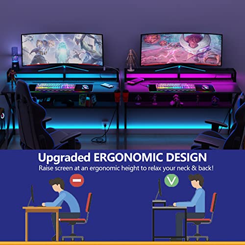 Loomie Computer Desk 55" W with LED Strip and Power Outlets, Gaming Desk with RGB Big Mouse Mat,Ergonomic K Shaped Gamer Desk with Monitor Stand and with Cable Management Mesh Bag,Black