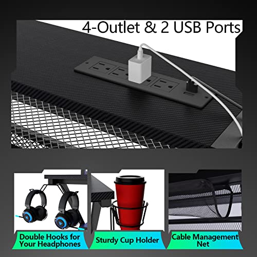 Loomie Computer Desk 55" W with LED Strip and Power Outlets, Gaming Desk with RGB Big Mouse Mat,Ergonomic K Shaped Gamer Desk with Monitor Stand and with Cable Management Mesh Bag,Black