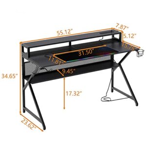 Loomie Computer Desk 55" W with LED Strip and Power Outlets, Gaming Desk with RGB Big Mouse Mat,Ergonomic K Shaped Gamer Desk with Monitor Stand and with Cable Management Mesh Bag,Black