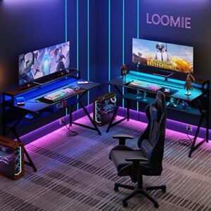 Loomie Computer Desk 55" W with LED Strip and Power Outlets, Gaming Desk with RGB Big Mouse Mat,Ergonomic K Shaped Gamer Desk with Monitor Stand and with Cable Management Mesh Bag,Black