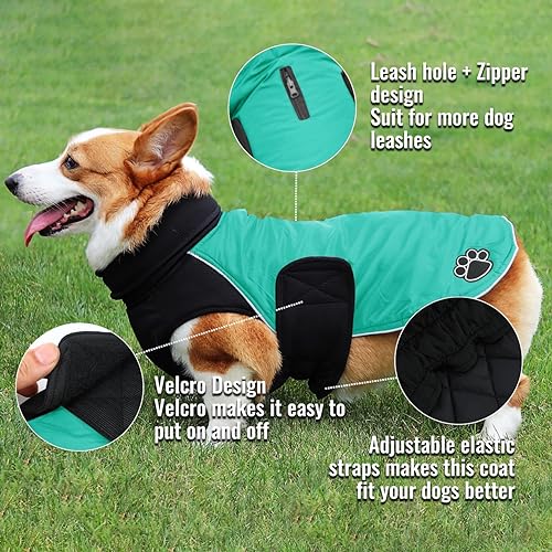 ALAGIRLS Reversible Dog Coat for Cold Weather, Winter Waterproof Dog Vest Jacket, Thick Padded Warm Dog Coat Pet Apparel Outfits with Harness Hole, Turquoise XL