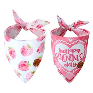 CROWNED BEAUTY Valentines Day Dog Bandanas Large 2 Pack,Pink Strawberries Adjustable Triangle Holiday Plaid Reversible Scarves for Medium Large Extra Large Dogs Pets DB13