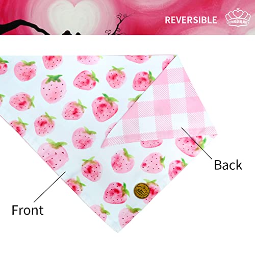 CROWNED BEAUTY Valentines Day Dog Bandanas Large 2 Pack,Pink Strawberries Adjustable Triangle Holiday Plaid Reversible Scarves for Medium Large Extra Large Dogs Pets DB13
