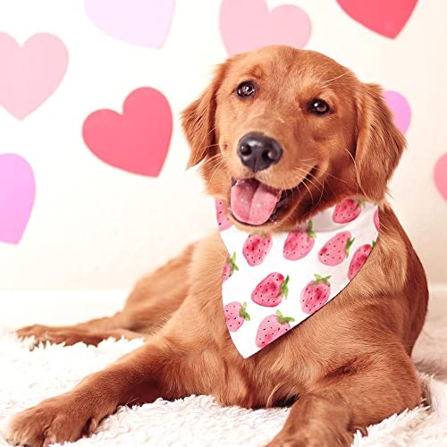 CROWNED BEAUTY Valentines Day Dog Bandanas Large 2 Pack,Pink Strawberries Adjustable Triangle Holiday Plaid Reversible Scarves for Medium Large Extra Large Dogs Pets DB13