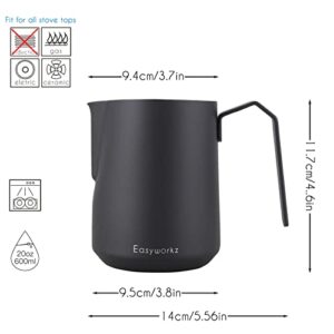 Easyworkz Espresso Steaming Pitcher Stainless Steel 20 oz Coffee Frothing Picther Milk Jug Cappuccino Latte Art Cup, Black