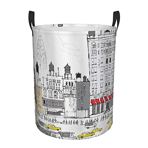 Laundry Basket,Busy City Traffic Jam Yellow Taxi Cab Urban Life Cartoon Design Modern Style Art,Large Canvas Fabric Lightweight Storage Basket/Toy Organizer/Dirty Clothes Collapsible Waterproof For College Dorms-Large