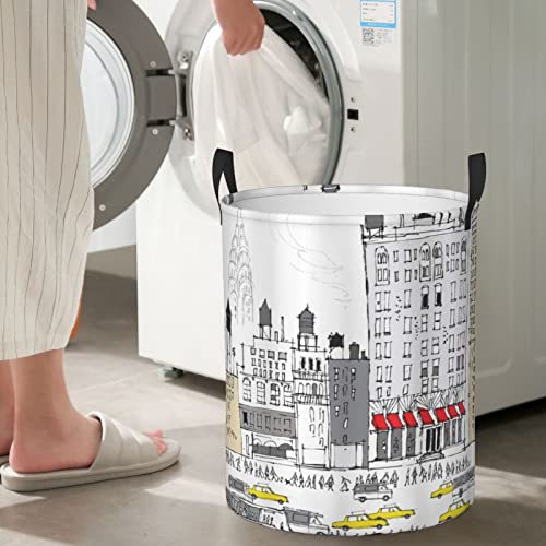 Laundry Basket,Busy City Traffic Jam Yellow Taxi Cab Urban Life Cartoon Design Modern Style Art,Large Canvas Fabric Lightweight Storage Basket/Toy Organizer/Dirty Clothes Collapsible Waterproof For College Dorms-Large