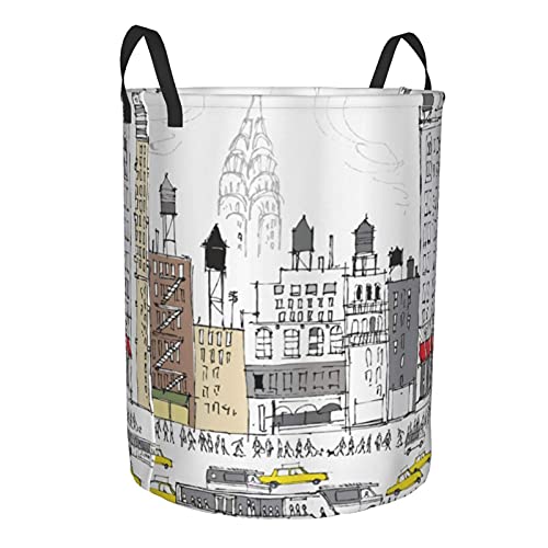 Laundry Basket,Busy City Traffic Jam Yellow Taxi Cab Urban Life Cartoon Design Modern Style Art,Large Canvas Fabric Lightweight Storage Basket/Toy Organizer/Dirty Clothes Collapsible Waterproof For College Dorms-Large