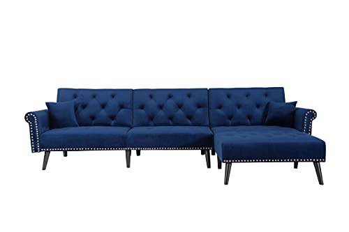 Cotoala L-Shape Convertible Sectional Sleeper Sofa with 2 Pillows, Adjustable Back, Modern Velvet Couch with Lounge Chairs, for Living Room, Office, Blue