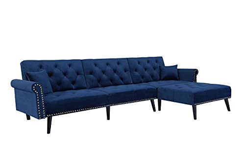 Cotoala L-Shape Convertible Sectional Sleeper Sofa with 2 Pillows, Adjustable Back, Modern Velvet Couch with Lounge Chairs, for Living Room, Office, Blue