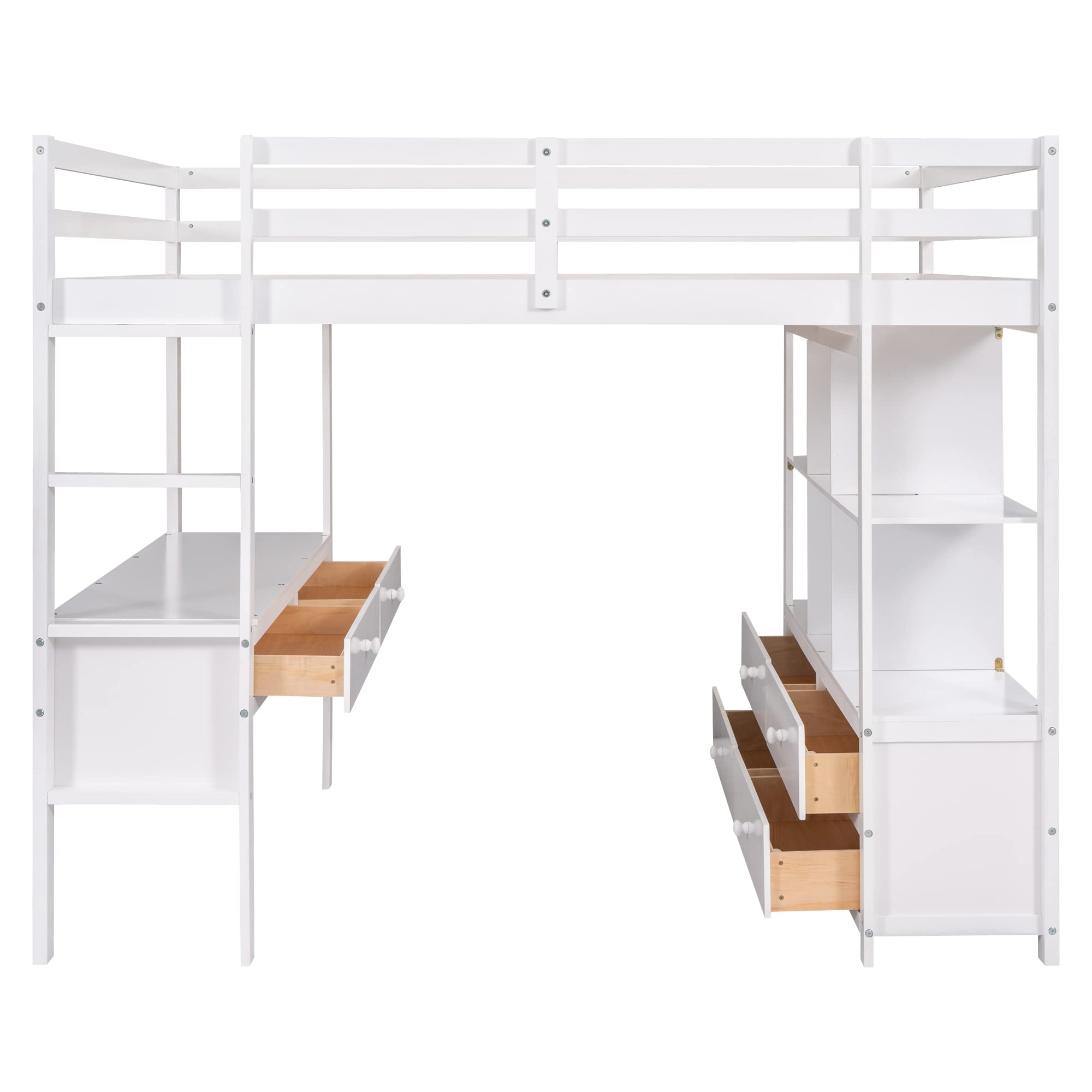 Harper & Bright Designs Full Loft Bed with Desk, Solid Wood Frame Storage Shelves and Drawers (Full Size, White), Gray(storage)