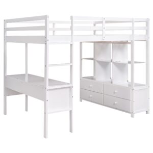 Harper & Bright Designs Full Loft Bed with Desk, Solid Wood Frame Storage Shelves and Drawers (Full Size, White), Gray(storage)