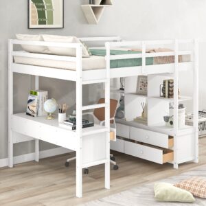 Harper & Bright Designs Full Loft Bed with Desk, Solid Wood Frame Storage Shelves and Drawers (Full Size, White), Gray(storage)