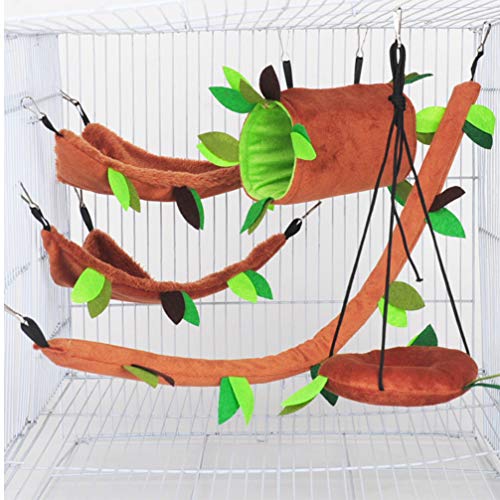 PATKAW Hamster Swing Hammock Set 5pcs Guinea Pig Hammock Plush Small Animals Hanging Bed Hamster Cage Toy Leaf Hanging Tunnel and Swing for Playing Sleeping