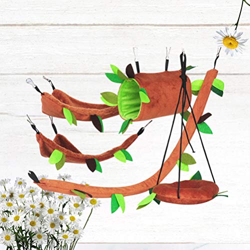 PATKAW Hamster Swing Hammock Set 5pcs Guinea Pig Hammock Plush Small Animals Hanging Bed Hamster Cage Toy Leaf Hanging Tunnel and Swing for Playing Sleeping