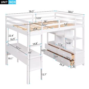 Harper & Bright Designs Full Loft Bed with Desk, Solid Wood Frame Storage Shelves and Drawers (Full Size, White), Gray(storage)