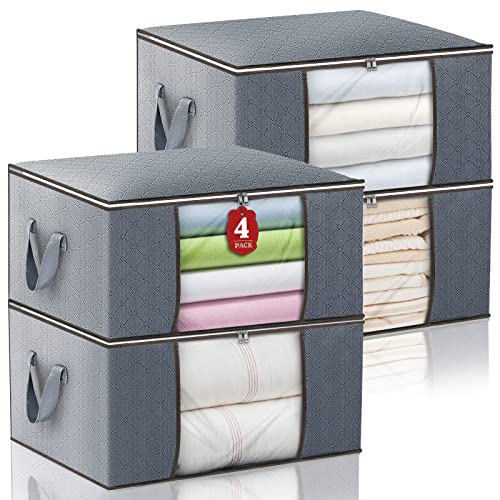 90L Large Storage Bags - 4 Pack Clothes Storage Bins, Foldable Closet Organizer Storage Containers with Durable Handles and Thick Fabric for Comforters, Clothing, Blanket, Bedding and Toys (Grey)