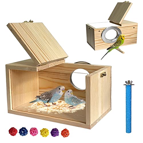 MUYG Transparent Parakeet Nesting Box,Wooden Parrot Nest Breeding Box with Perch Natural Bird House for Cage Suitable for Lovebirds Cockatiels Canaries