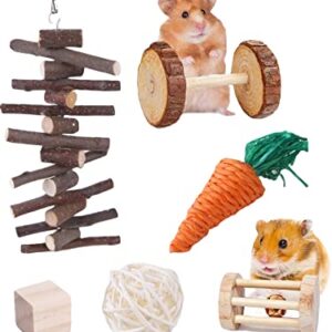 QWINEE 6pcs Hamster Chew Toy Set Wooden Small Animal Molar Toys Teeth Care Accessories Sport Exercise Toys for Rabbits Gerbils Rats Chinchillas and Other Small Pets Multicolor One Size
