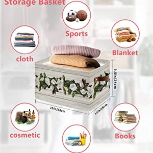 Storage Cubes Organizer with Handles, Magnolia Flowers Plant on Wooden Plank Storage Bins Fabric Collapsible Storage Baskets for Shelf Closet Nursery Cloth Organizers Box 1pcs-15x11x9.5in