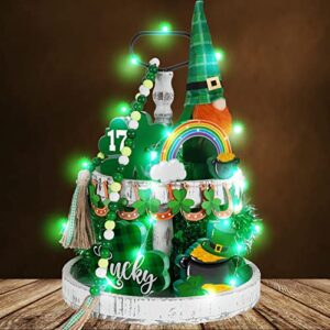 14 pcs st. patrick's day tiered tray decor with green string led shamrock rainbow coin pot wood sign irish gnome plush and wood banner for st patricks day home table party kitchen decor