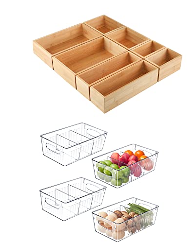 Kootek 8 Pcs Bamboo Drawer Organizer and 4 Pack Refrigerator Organizer Bins