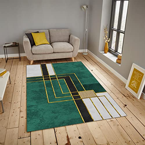 Gold Geometric Line Area Rugs, Green and White Non-Slip Carpet, Strip Rug Light and Low-Key Machine Washable for Living Room Study Bedroom Bedroom Kitchen,5×7ft /150 *210 cm