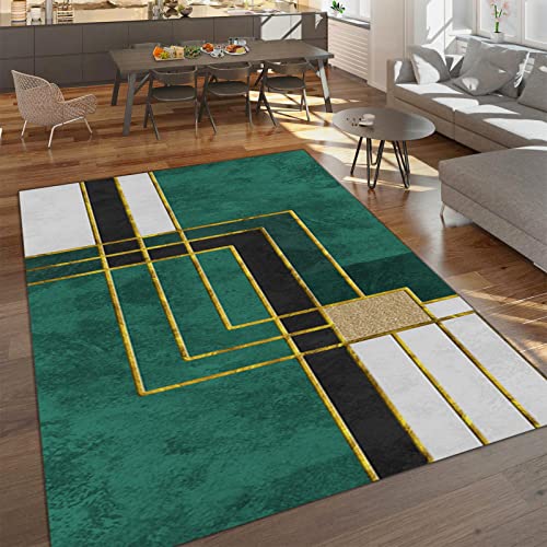 Gold Geometric Line Area Rugs, Green and White Non-Slip Carpet, Strip Rug Light and Low-Key Machine Washable for Living Room Study Bedroom Bedroom Kitchen,5×7ft /150 *210 cm