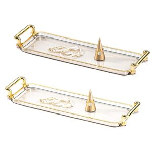 2 pack plastic serving tray with gold handles, 12 x 4 inch clear amber decorative tray with 1”wall, long narrow coffee table tray rectangular tea tray decor with gold rim for bar, party, s, halyuhn
