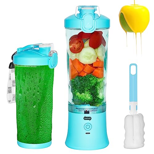 20 Oz Portable Blender USB Rechargeable, Supkitdin Waterproof Personal Blender for Shakes and Smoothies, with 6 Ultra-sharp Blades for Travel, Office & Sports (Blue)