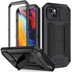 metal compatible with iphone 14 plus 6.7 inch 2022 case cameras protection heavy duty protection doom cover 360 full protection shockproof with built in screen protector holder kickstand (black)