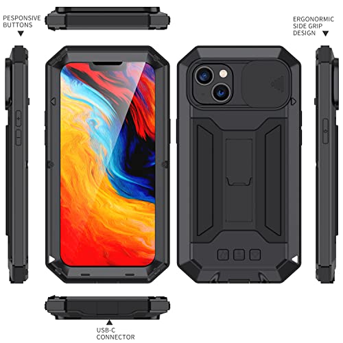 Metal Compatible with iPhone 14 Plus 6.7 inch 2022 Case Cameras Protection Heavy Duty Protection Doom Cover 360 Full Protection Shockproof with Built in Screen Protector Holder Kickstand (Black)