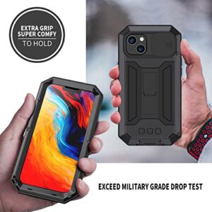 Metal Compatible with iPhone 14 Plus 6.7 inch 2022 Case Cameras Protection Heavy Duty Protection Doom Cover 360 Full Protection Shockproof with Built in Screen Protector Holder Kickstand (Black)