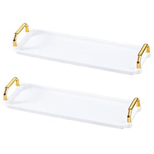 2 pack plastic serving tray with gold handle, 12 x 4 inch white decorative tray with 1”wall, long narrow coffee table tray rectangular tea tray decor with for living room countertop bathroom s halyuhn