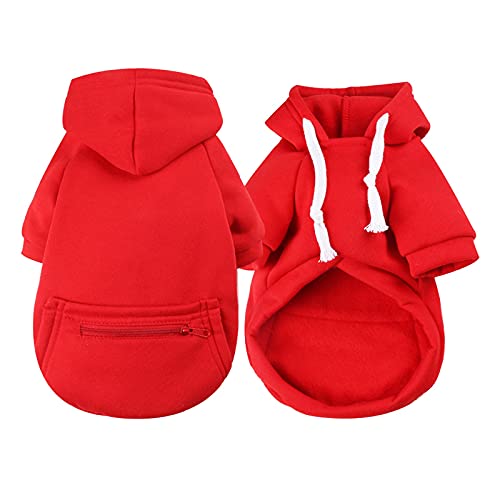 Warm Clothes Pet Autumn and Winter Fleece Pocket Sweatshirt Solid Color Tops Cats Hoodies Zipper Red Warm Animal Christmas Sweater for Cats and Dogs