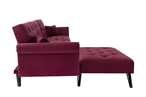 Cotoala L-Shape Convertible Sectional Sleeper Sofa with 2 Pillows, Adjustable Back, Modern Velvet Couch with Lounge Chairs, for Living Room, Office, Red