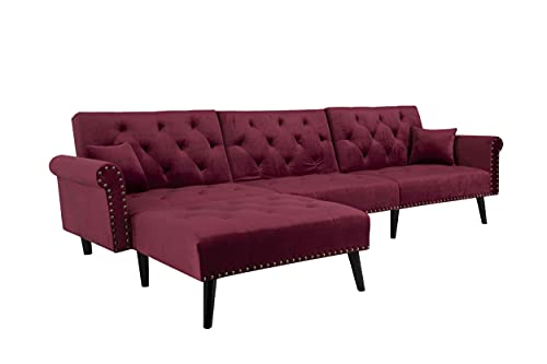 Cotoala L-Shape Convertible Sectional Sleeper Sofa with 2 Pillows, Adjustable Back, Modern Velvet Couch with Lounge Chairs, for Living Room, Office, Red