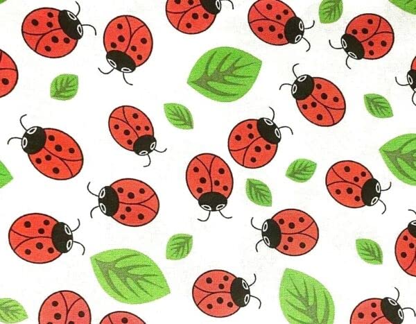 FlashPhoenix Quality Sewing Fabric - Fat Quarter 18 x 21 Inch Fabric Ladybugs, Leaves ON White Background 100% Cotton Lady Bug FQ