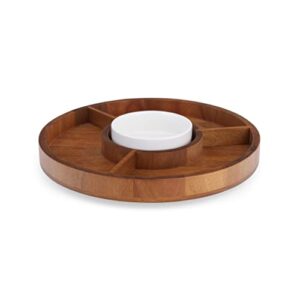 nambe duets collection lazy susan, divided organizer, serving tray, crudité platter, kitchen, dining, pantry display and storage, acacia wood tray, porcelain dip bowl