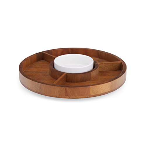 Nambe Duets Collection Lazy Susan, Divided Organizer, Serving Tray, Crudité Platter, Kitchen, Dining, Pantry Display and Storage, Acacia Wood Tray, Porcelain Dip Bowl